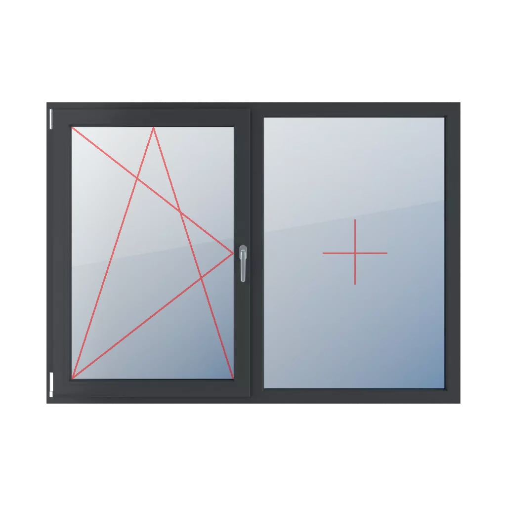 Dreh-Kipp links, Festverglasung im Rahmen fenster fenstertypen zweifluegelige-fenster symmetrische-horizontale-teilung-50-50 dreh-kipp-links-festverglasung-im-rahmen 