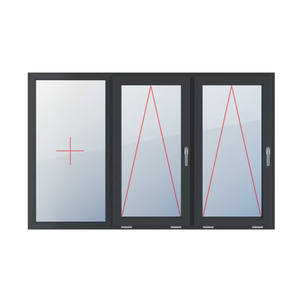 Festverglasung im Rahmen, Scharnier mit Griff rechts, Scharnierverglasung mit Griff rechts fenster fenstertypen dreifluegelige-fenster symmetrische-horizontale-teilung-33-33-33  