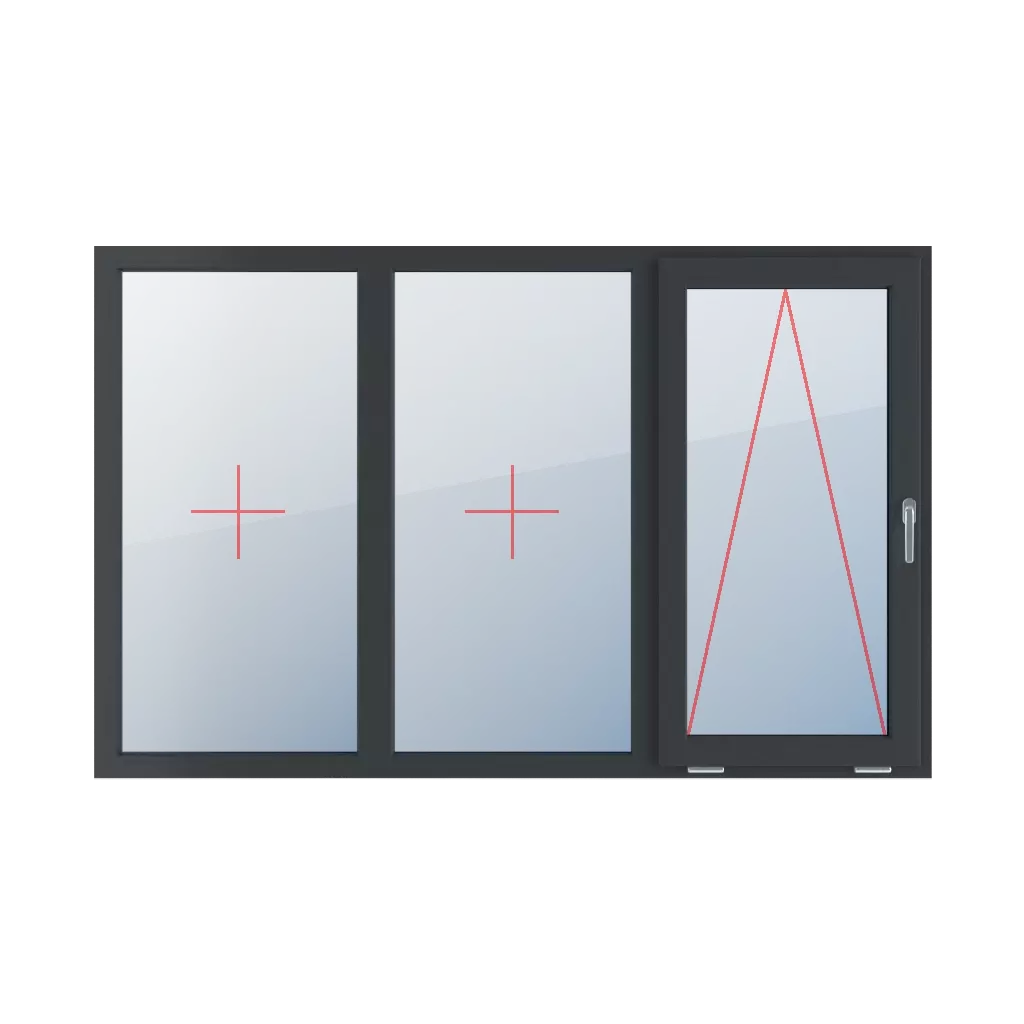 Festverglasung im Rahmen, mit Griff rechts angeschlagen fenster fenstertypen dreifluegelige-fenster symmetrische-horizontale-teilung-33-33-33  