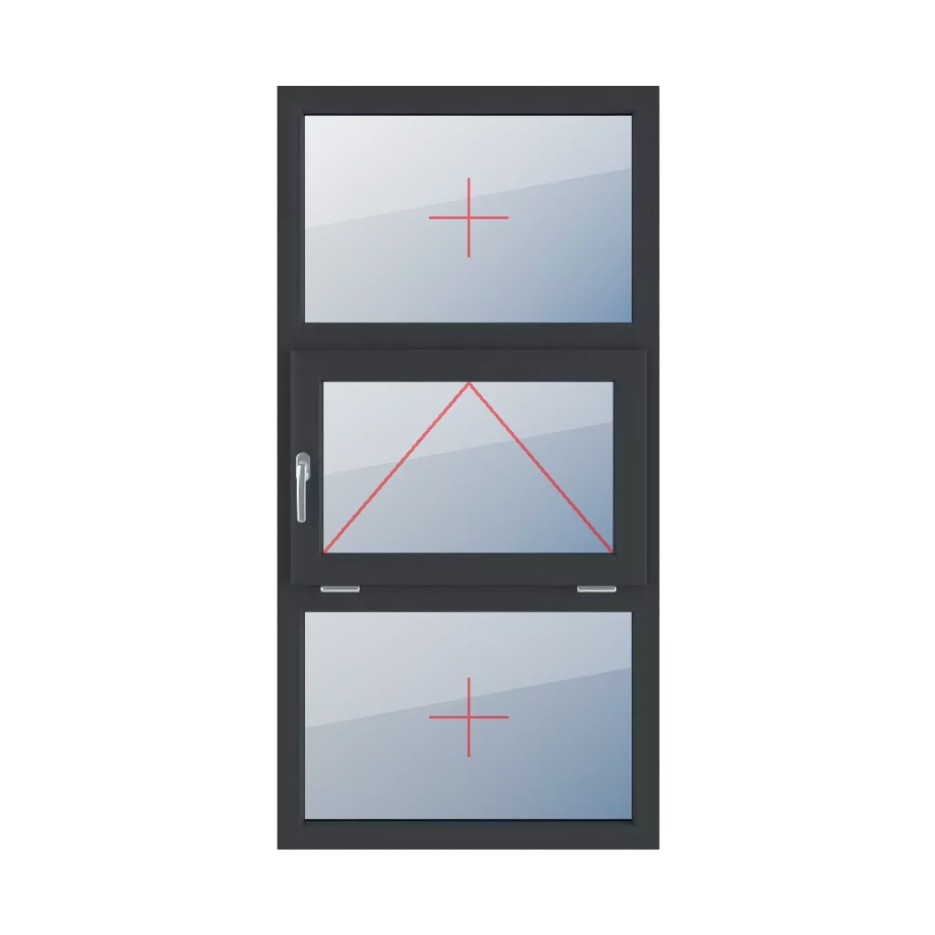 Festverglasung im Rahmen, Ausstellverglasung mit Griff auf der linken Seite, Festverglasung im Rahmen fenster fenstertypen dreifluegelige-fenster symmetrische-vertikale-teilung-33-33-33  