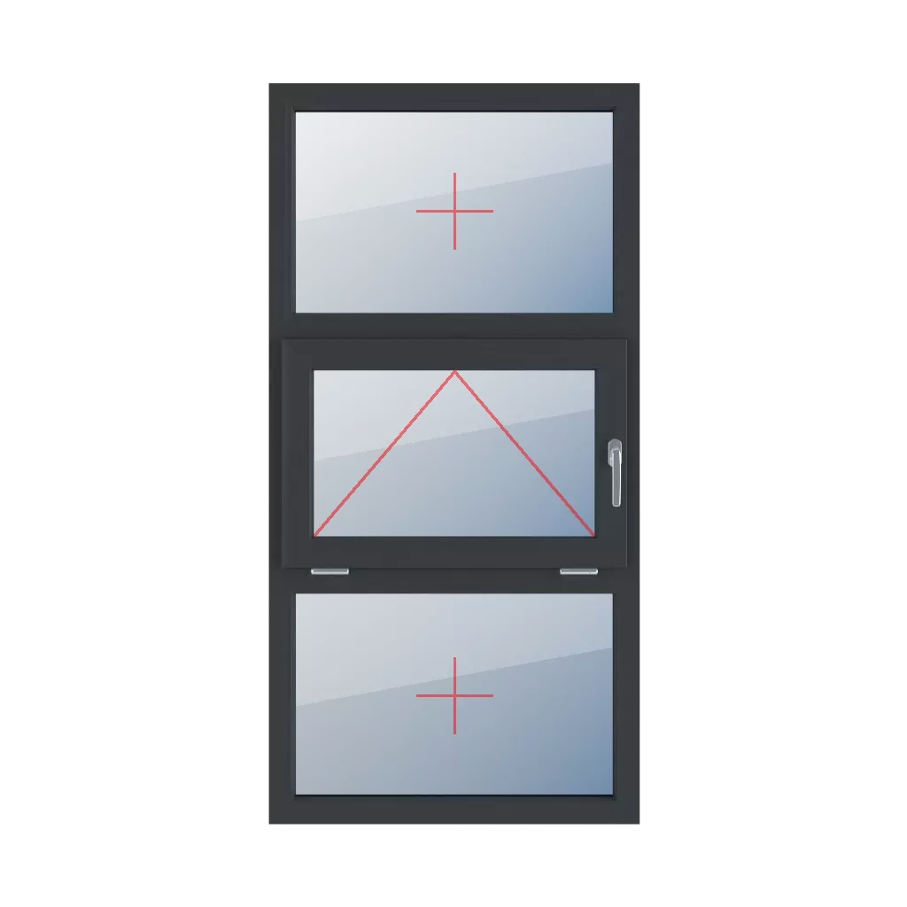 Festverglasung im Rahmen, Ausstellverglasung mit Griff rechts, Festverglasung im Rahmen fenster fenstertypen dreifluegelige-fenster symmetrische-vertikale-teilung-33-33-33  