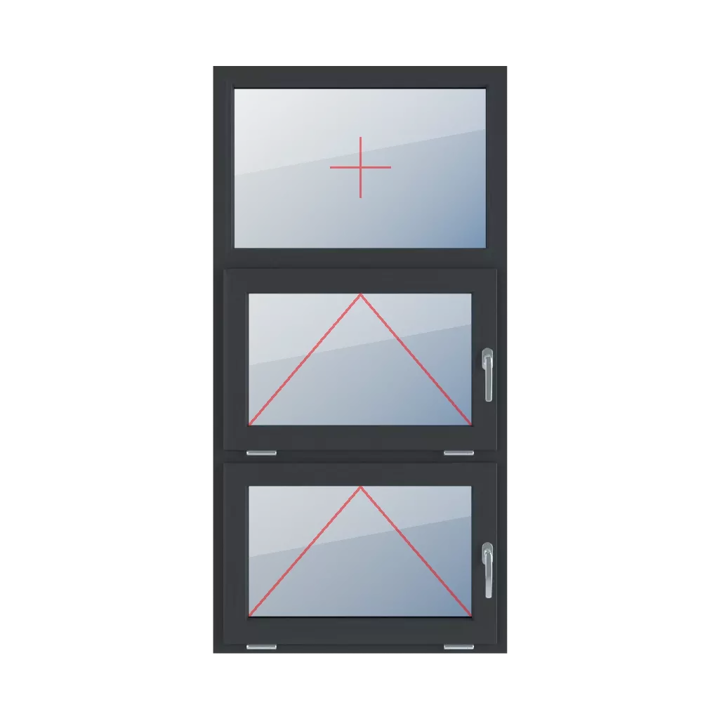 Festverglasung im Rahmen, Scharnier mit Griff rechts, Scharnierverglasung mit Griff rechts fenster fenstertypen dreifluegelige-fenster symmetrische-vertikale-teilung-33-33-33  