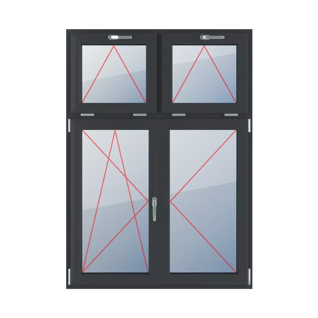 Kippen mit einem Griff oben, Kippen und Drehen nach links, beweglicher Pfosten, Drehen nach rechts fenster fenstertypen vierfluegelige-fenster asymmetrische-vertikale-teilung-30-70-mit-beweglichem-pfosten  