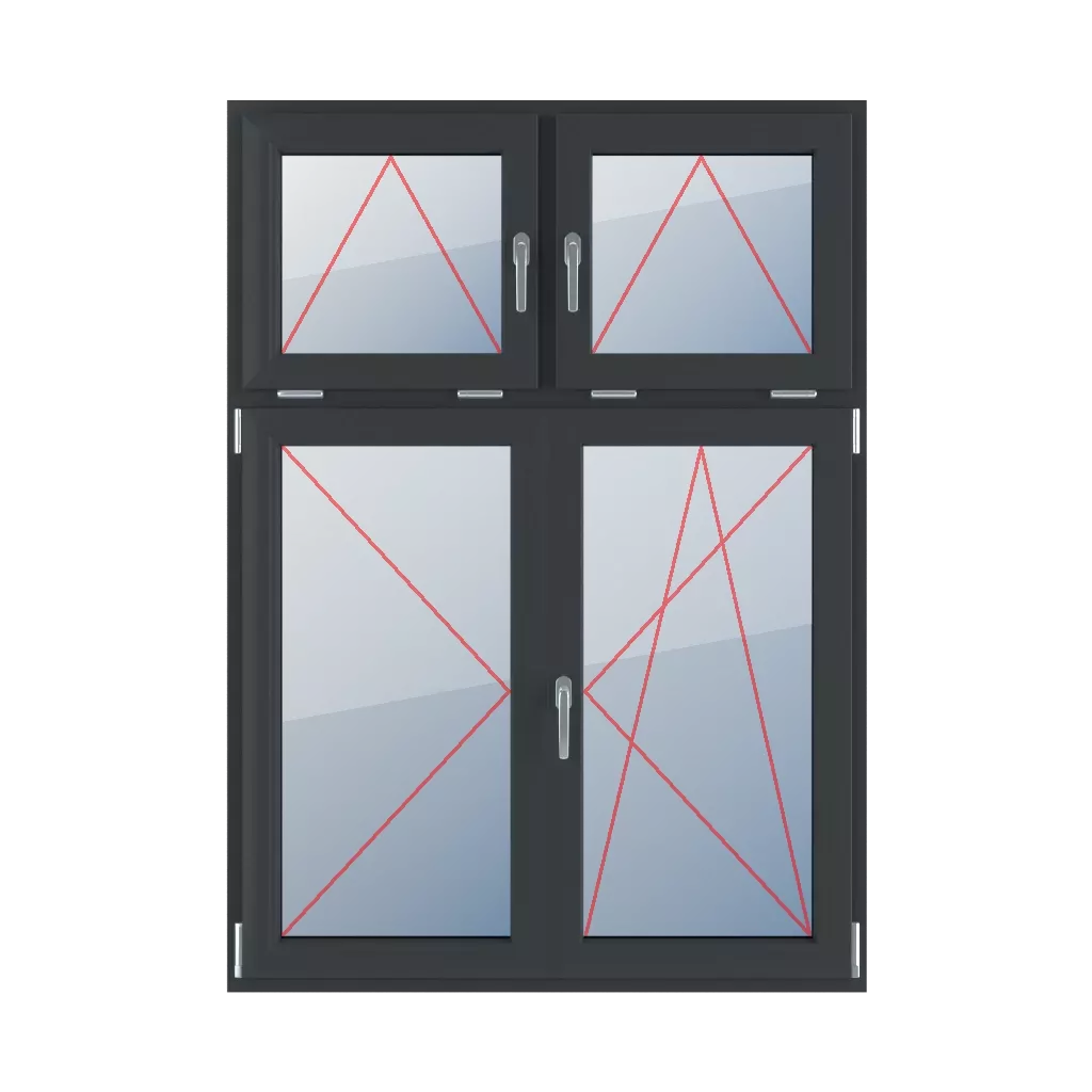 Klappgriffe in der Mitte, links angeschlagen, beweglicher Pfosten, rechts angeschlagen-gedreht fenster fenstertypen vierfluegelige-fenster asymmetrische-vertikale-teilung-30-70-mit-beweglichem-pfosten  