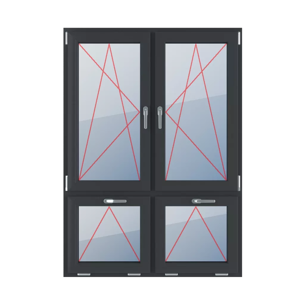 Kippen und Drehen nach links, Kippen und Drehen nach rechts, Kippen mit einem Griff oben fenster fenstertypen vierfluegelige-fenster asymmetrische-vertikale-teilung-70-30  