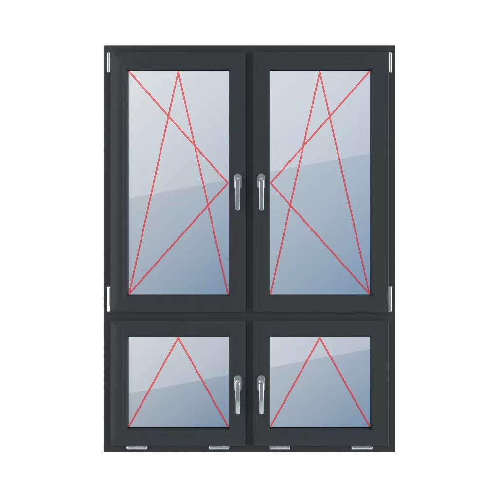 Links kippen und drehen, rechts kippen und drehen, Griffe in der Mitte kippen fenster fenstertypen vierfluegelige-fenster asymmetrische-vertikale-teilung-70-30  