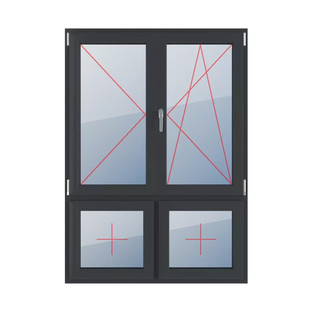 Linkslauf, beweglicher Pfosten, Rechtslauf und Kipp, Festverglasung im Flügel fenster fenstertypen vierfluegelige-fenster asymmetrische-vertikale-teilung-70-30-mit-beweglichem-pfosten  