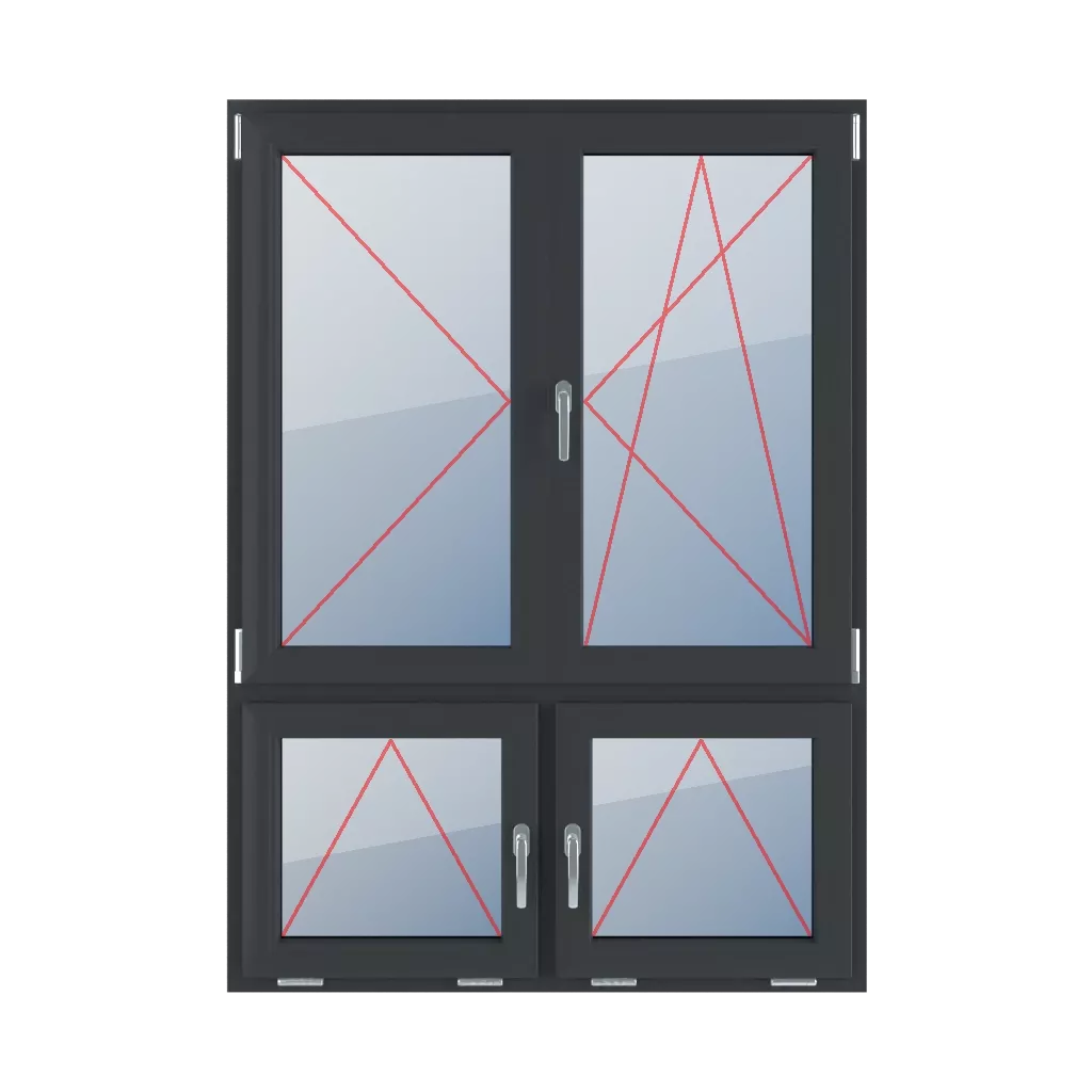 Nach links drehen, beweglicher Pfosten, nach rechts drehen-kippen, Griffe in der Mitte kippen fenster fenstertypen vierfluegelige-fenster asymmetrische-vertikale-teilung-70-30-mit-beweglichem-pfosten  